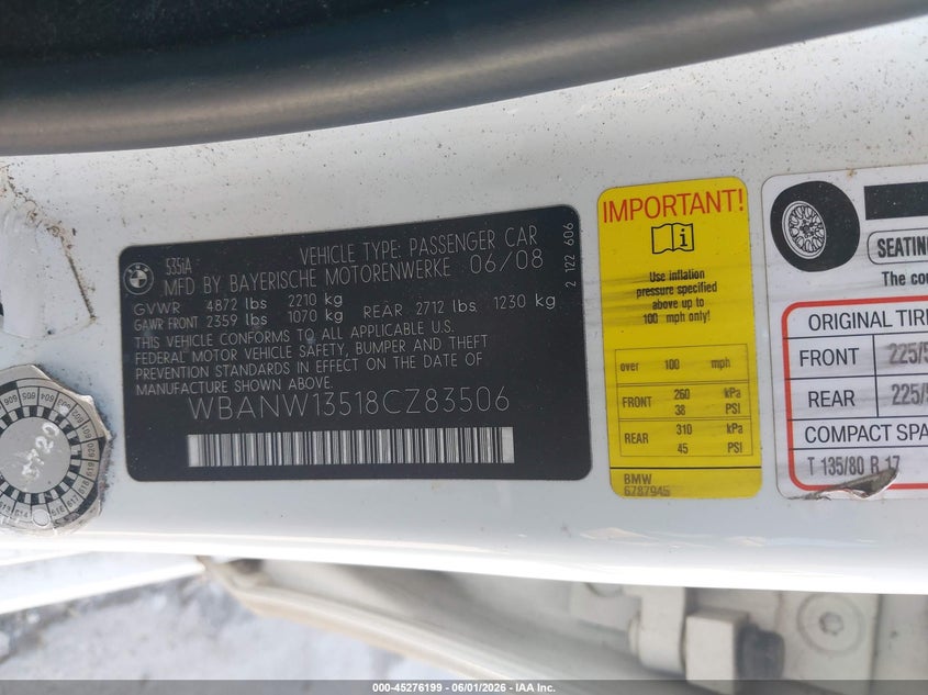 2008 BMW 5 series VIN WBANW13518CZ83506 IAAI salvage auction — NORMAL WEAR, Clear - Dealer Only (California), sold $400 on 2026-07-13 (photo 9)