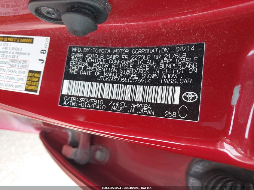 2014 Toyota Prius VIN JTDKN3DU6E0376914 IAAI salvage auction — FRONT END, Salvage (Illinois), sold $2,250 on 2026-07-14 (photo 9)