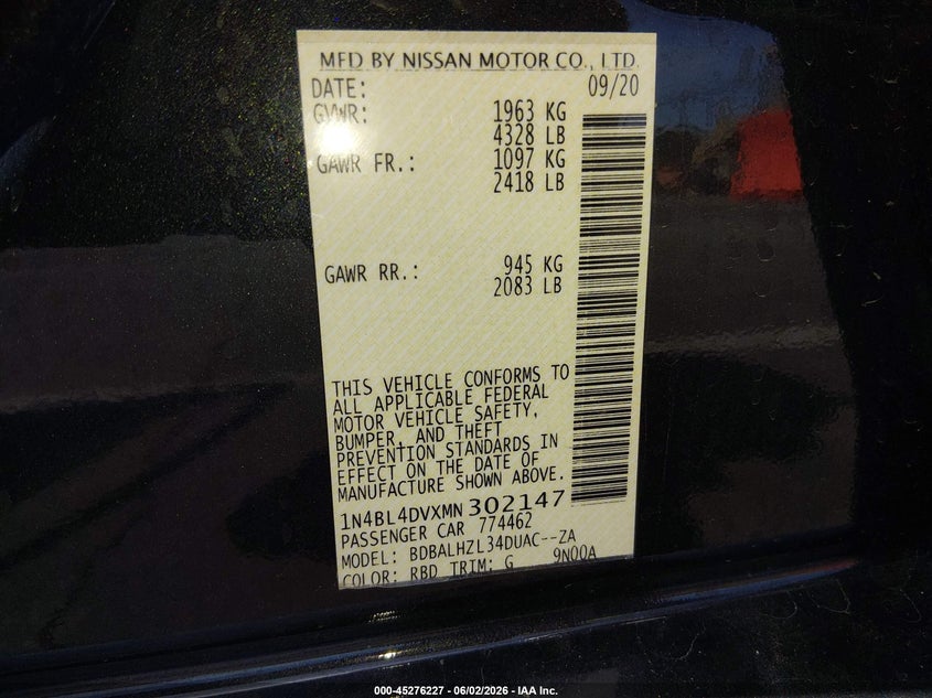 2021 Nissan Altima VIN 1N4BL4DVXMN302147 IAAI salvage auction — FRONT END, Salvage Title, sold $3,250 on 2026-07-24 (photo 9)