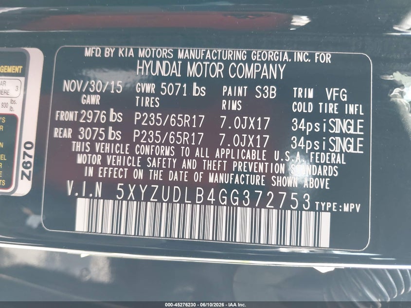 2016 Hyundai Santa fe VIN 5XYZUDLB4GG372753 IAAI salvage auction — LEFT FRONT, Rebuildable (Florida), sold $1,250 on 2026-07-16 (photo 9)