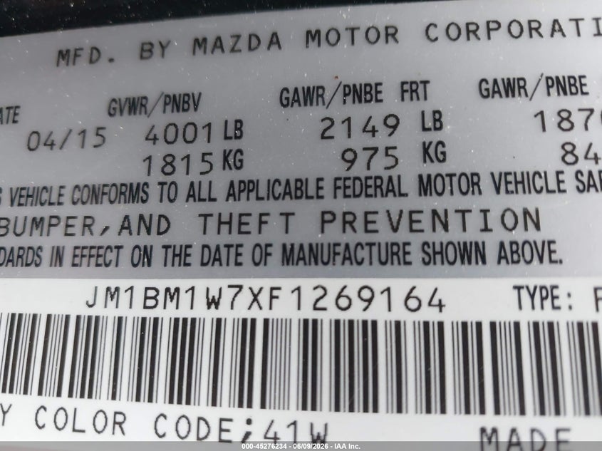 2015 Mazda 3 VIN JM1BM1W7XF1269164 IAAI salvage auction — RIGHT FRONT, Salvage Title, sold $1,325 on 2026-07-06 (photo 9)