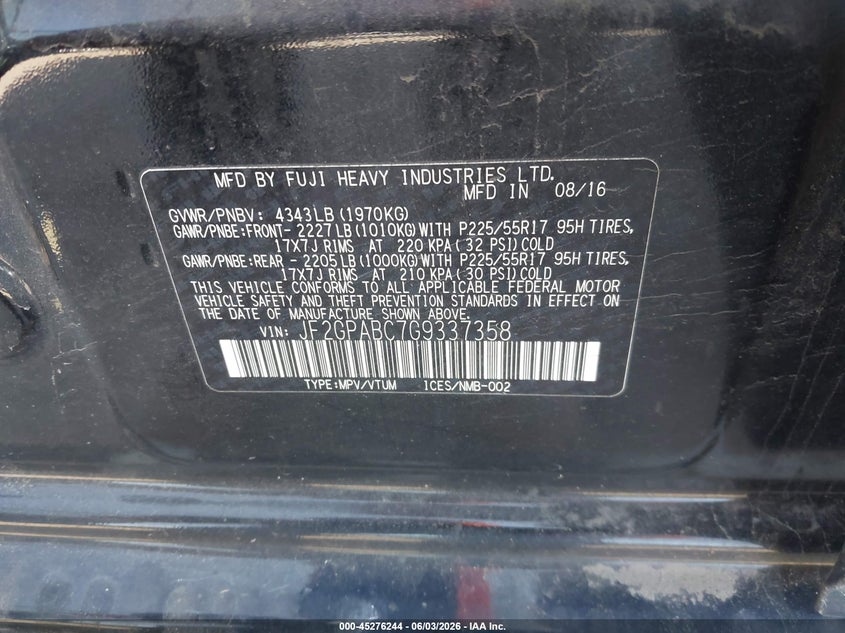 2016 Subaru Xv VIN JF2GPABC7G9337358 IAAI salvage auction — FRONT END, Salvage Title, sold $900 on 2026-09-14 (photo 9)