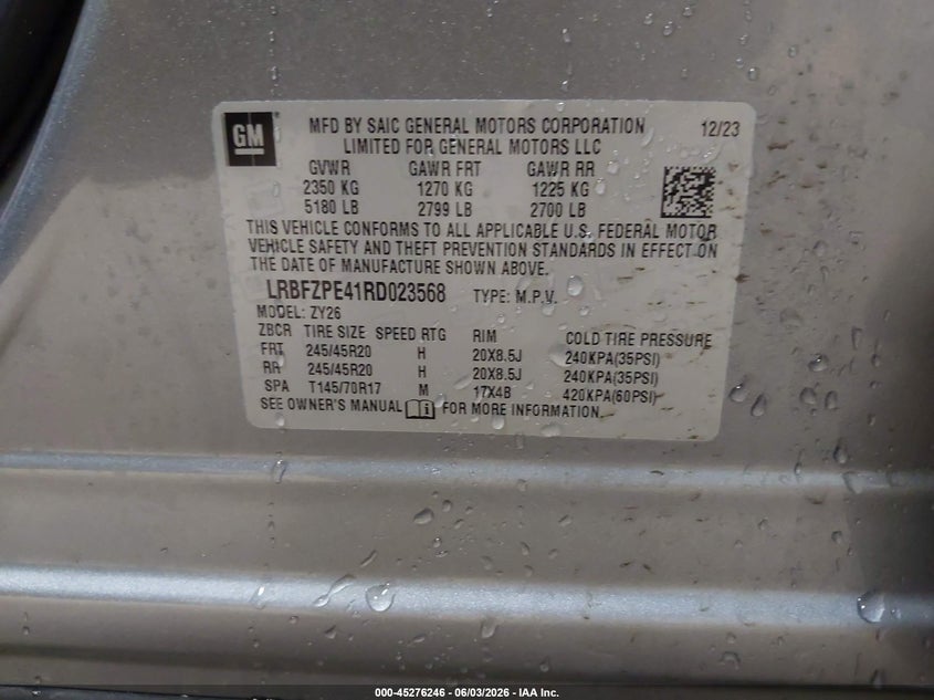 2024 Buick Envision VIN LRBFZPE41RD023568 IAAI salvage auction — RIGHT FRONT, Salvage Title, sold $9,300 on 2026-07-23 (photo 9)