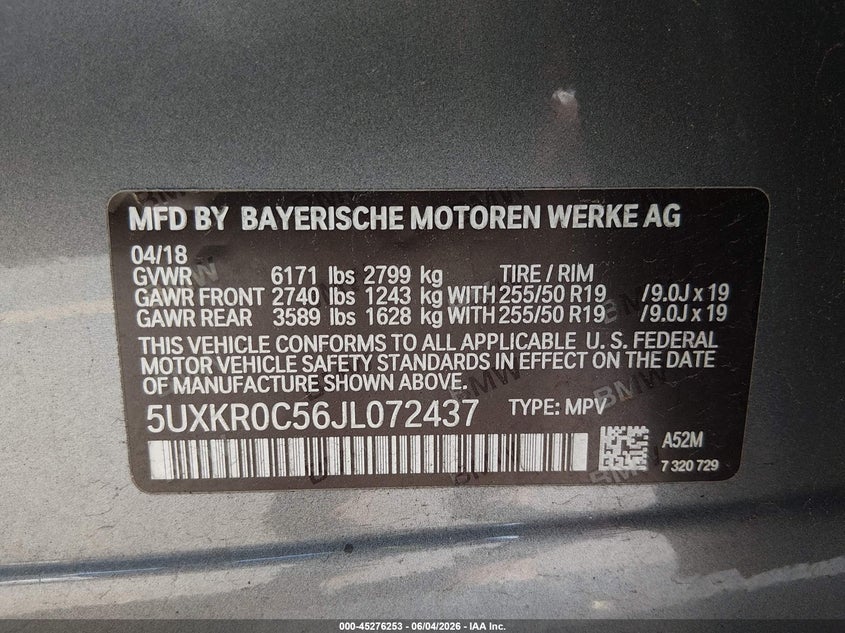 2018 BMW X5 VIN 5UXKR0C56JL072437 IAAI salvage auction — REAR END, Salvage (Connecticut), sold $7,200 on 2026-07-30 (photo 9)