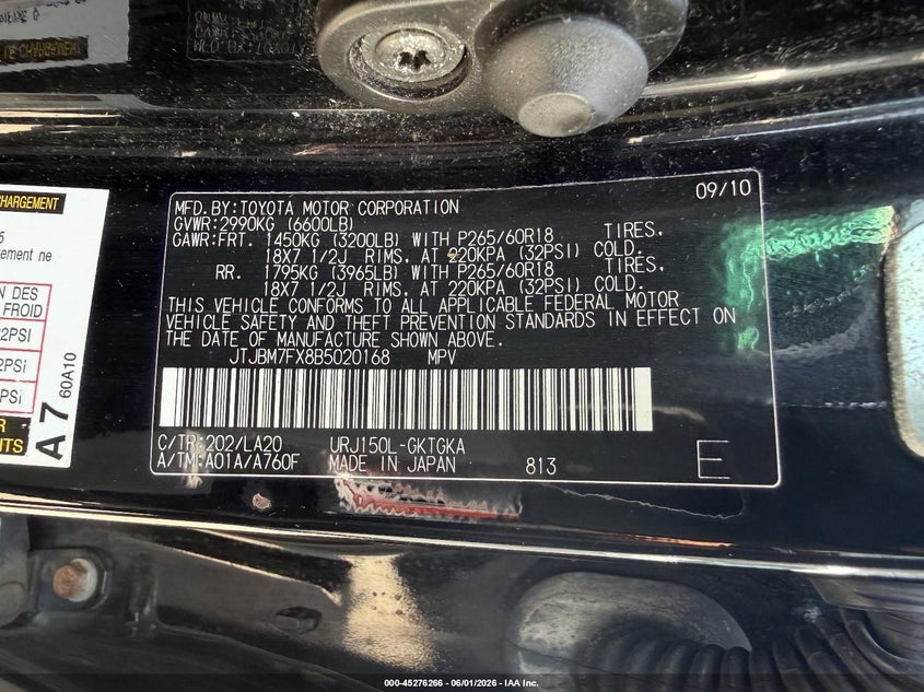 2011 Lexus Gx 460 VIN JTJBM7FX8B5020168 IAAI salvage auction — NORMAL WEAR, Clear (Montana), sold $4,050 on 2026-07-29 (photo 9)