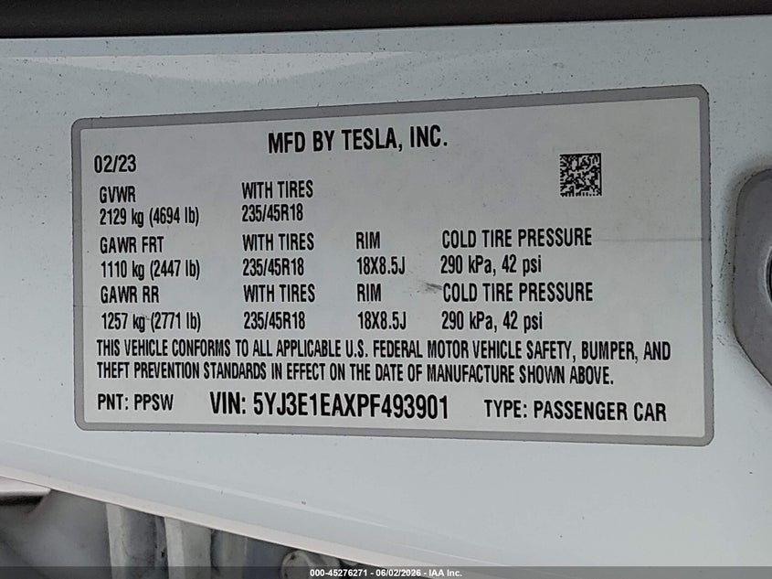 2023 Tesla Model 3 VIN 5YJ3E1EAXPF493901 IAAI salvage auction — FRONT END, Salvage Title, sold $5,100 on 2026-07-23 (photo 9)