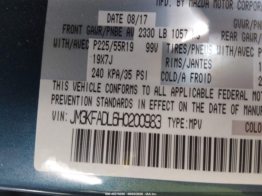2017 Mazda Cx-5 VIN JM3KFADL6H0200983 IAAI salvage auction — FRONT END, Salvage Title, sold $2,475 on 2026-07-15 (photo 9)