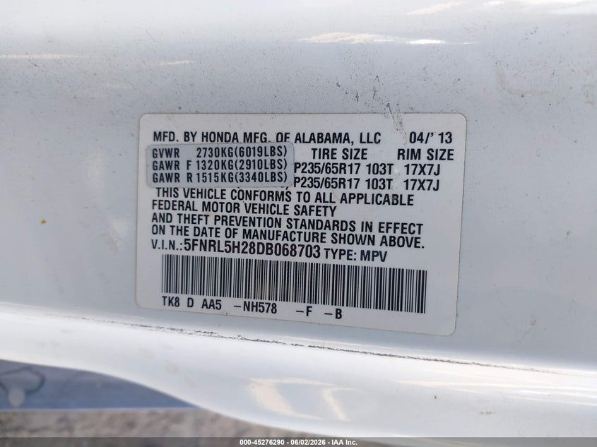 2013 Honda Odyssey VIN 5FNRL5H28DB068703 IAAI salvage auction — UNKNOWN, Salvage Title, sold $850 on 2026-07-17 (photo 9)