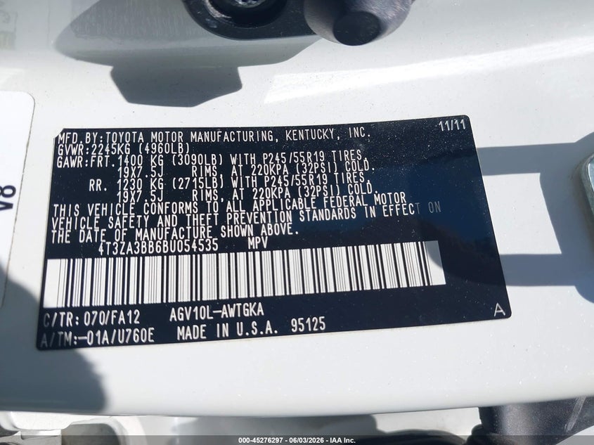 2011 Toyota Venza VIN 4T3ZA3BB6BU054535 IAAI salvage auction — LEFT FRONT, Salvage (North Carolina), sold $2,050 on 2026-07-09 (photo 9)