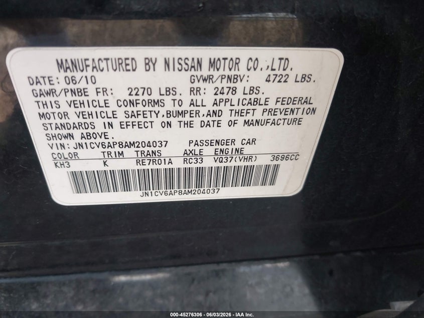 2010 Infiniti G VIN JN1CV6AP8AM204037 IAAI salvage auction — WATER/FLOOD, Certificate Of Destruction (Louisiana), sold $475 on 2026-08-02 (photo 9)