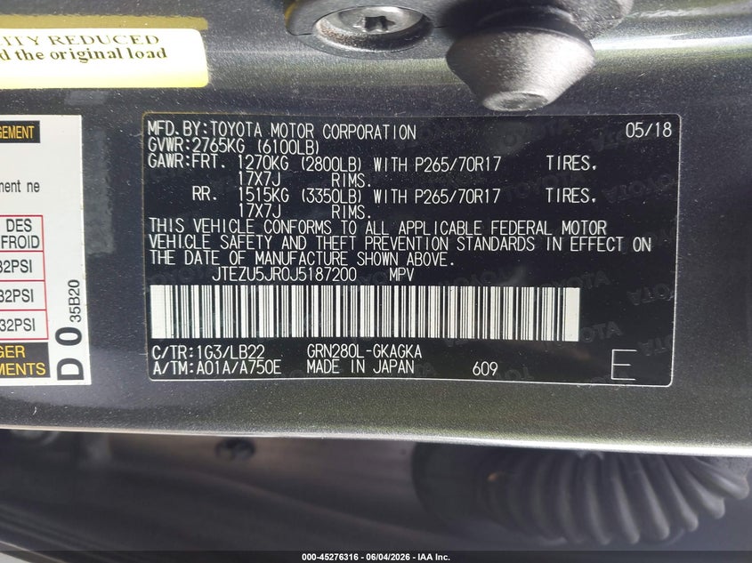 2018 Toyota 4runner VIN JTEZU5JR0J5187200 IAAI salvage auction — REAR END, Original (Texas), sold $10,700 on 2026-07-28 (photo 9)