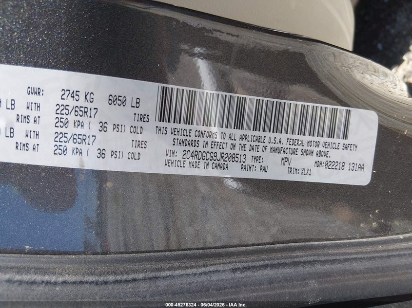 2018 Dodge Caravan VIN 2C4RDGCG9JR208513 IAAI salvage auction — FRONT END, Salvage (Mississippi), sold $475 on 2026-07-24 (photo 9)