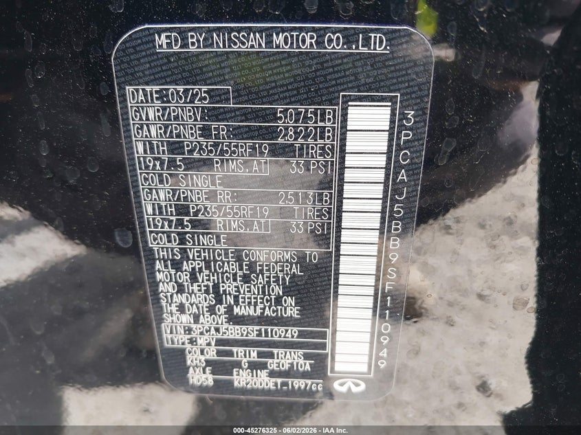 2025 Infiniti Qx50 VIN 3PCAJ5BB9SF110949 IAAI salvage auction — FRONT END, Salvage Title, sold $15,050 on 2026-07-14 (photo 9)