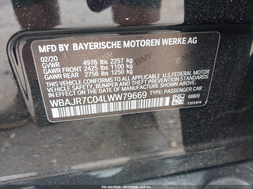 2020 BMW 5er VIN WBAJR7C04LWW79669 IAAI salvage auction — FRONT END, Salvage Title, sold $4,550 on 2026-07-28 (photo 9)