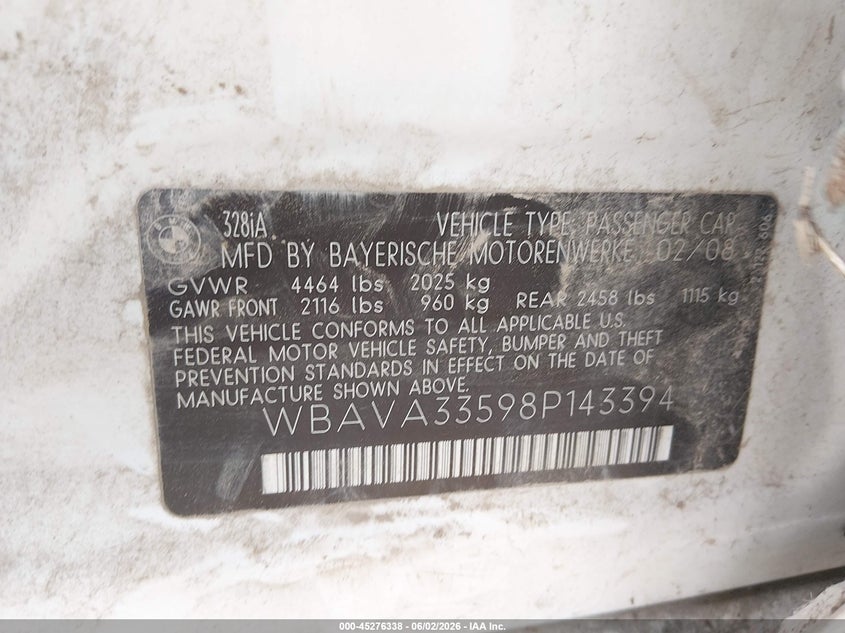 2008 BMW 3 series VIN WBAVA33598P143394 IAAI salvage auction — NORMAL WEAR, Certificate Of Title (Nebraska), sold $575 on 2026-07-09 (photo 9)