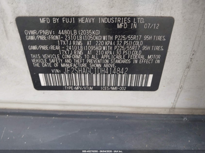 2013 Subaru Forester VIN JF2SHAGC1DH414842 IAAI salvage auction — FRONT END, Salvage Title, sold $100 on 2026-07-08 (photo 9)