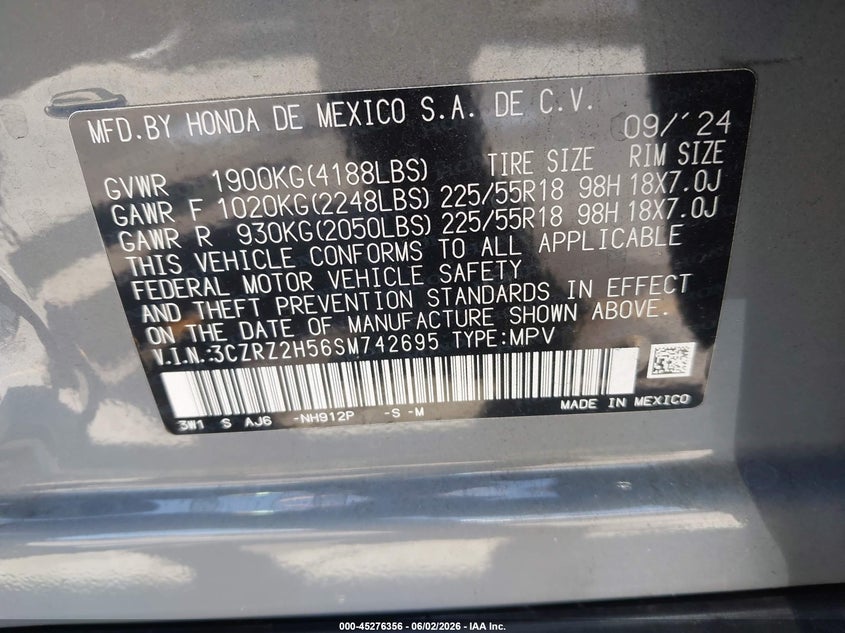 2025 Honda Hr-v VIN 3CZRZ2H56SM742695 IAAI salvage auction — LEFT FRONT, Salvage Title, sold $11,200 on 2026-07-27 (photo 9)