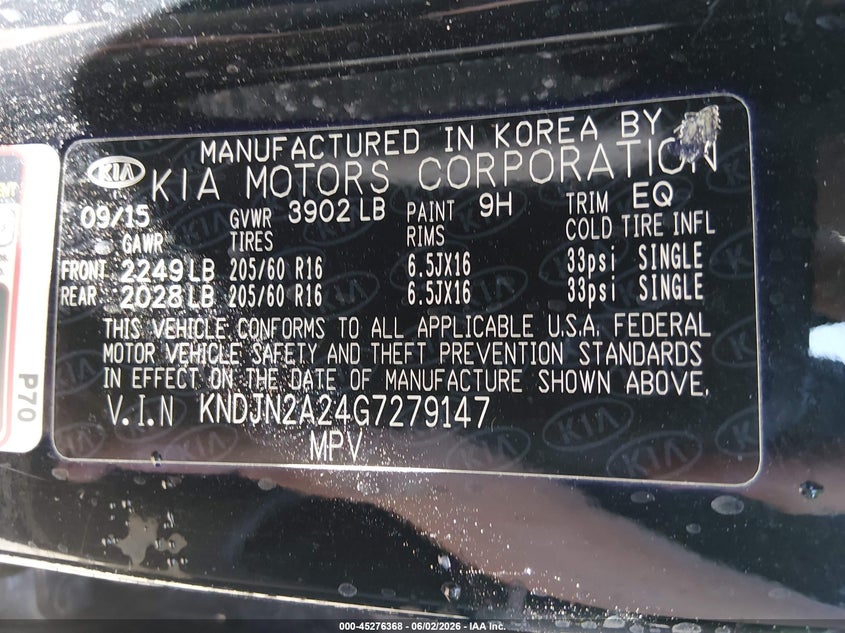 2016 Kia Soul VIN KNDJN2A24G7279147 IAAI salvage auction — LEFT SIDE, Salvage Title, sold $1,050 on 2026-07-15 (photo 9)