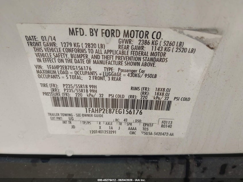 2014 Ford Taurus VIN 1FAHP2E87EG156176 IAAI salvage auction — FRONT END, Salvage Title, sold $575 on 2026-07-22 (photo 9)