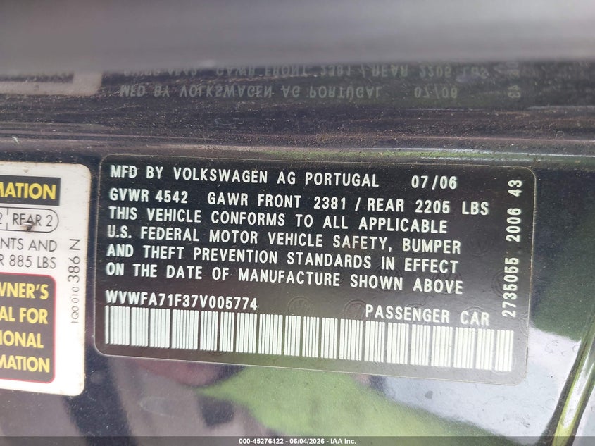 2007 Volkswagen Eos VIN WVWFA71F37V005774 IAAI salvage auction — NORMAL WEAR, Clear (Hawaii), sold $25 on 2026-07-28 (photo 9)