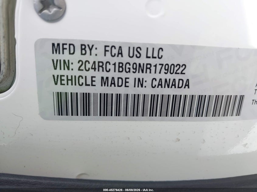 2022 Chrysler Pacifica VIN 2C4RC1BG9NR179022 IAAI salvage auction — RIGHT REAR, Salvage Title, sold $3,400 on 2026-07-09 (photo 9)