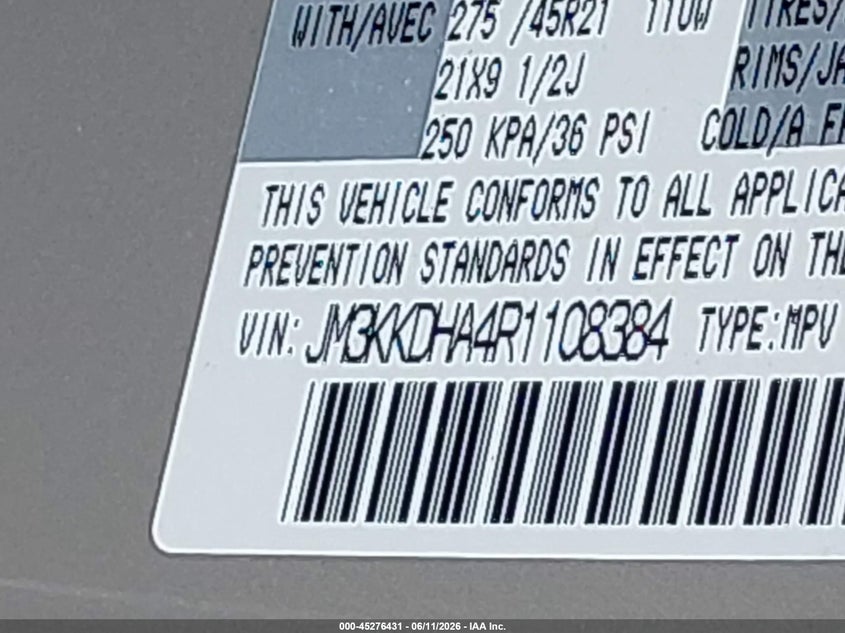 2024 Mazda Cx-90 VIN JM3KKDHA4R1108384 IAAI salvage auction — REAR END, Mv-907A (New York), sold $9,500 on 2026-07-14 (photo 9)
