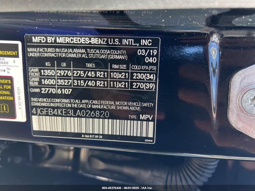 2020 Mercedes-benz Gle class VIN 4JGFB4KE3LA026820 IAAI salvage auction — NORMAL WEAR, Clear (Montana), sold $26,900 on 2026-07-22 (photo 9)
