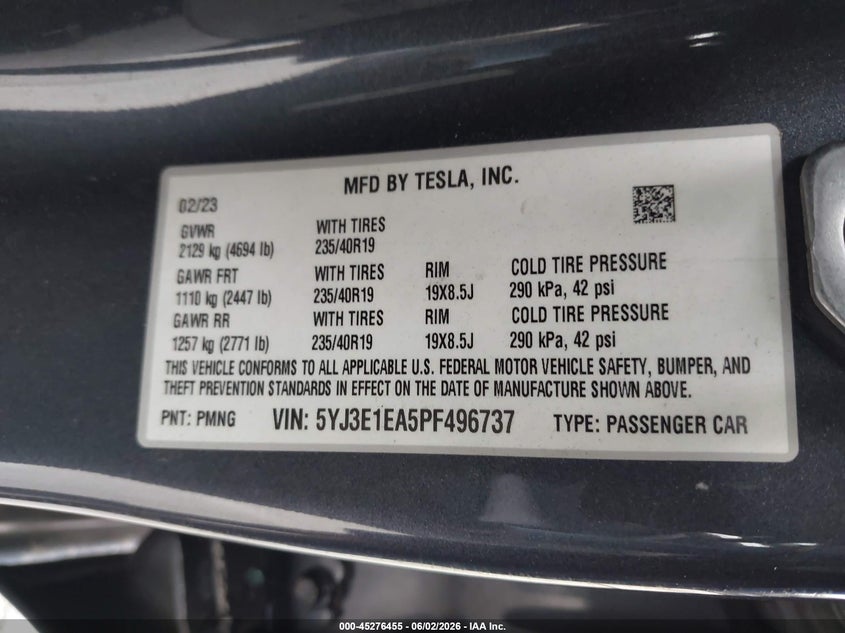 2023 Tesla Model 3 VIN 5YJ3E1EA5PF496737 IAAI salvage auction — LEFT REAR, Salvage Title, sold $3,600 on 2026-07-09 (photo 9)