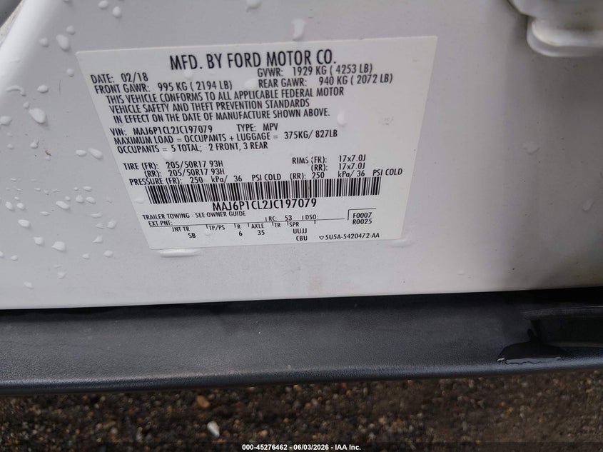 2018 Ford Ecosport VIN MAJ6P1CL2JC197079 IAAI salvage auction — HAIL, Salvage Title, sold $4,425 on 2026-07-10 (photo 9)