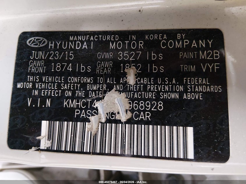 2016 Hyundai Accent VIN KMHCT4AE2GU968928 IAAI salvage auction — NORMAL WEAR, Salvage Title, sold $575 on 2026-07-31 (photo 9)