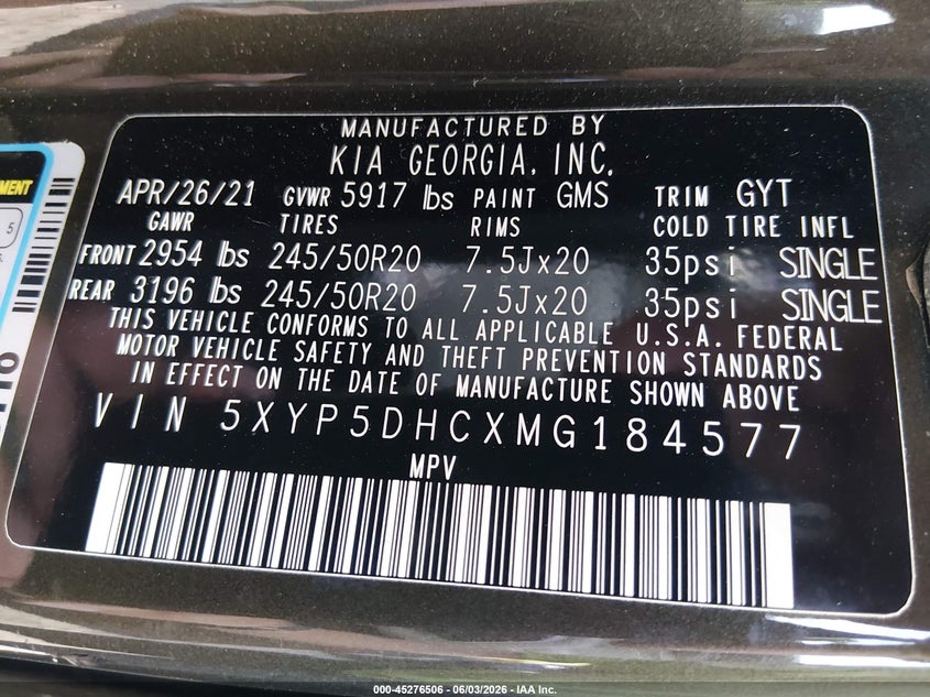2021 Kia Telluride VIN 5XYP5DHCXMG184577 IAAI salvage auction — RIGHT FRONT, Salvage Title, sold $4,050 on 2026-07-29 (photo 9)