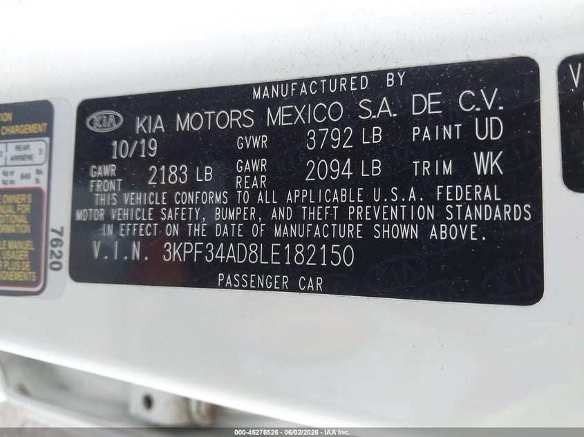 2020 Kia Forte VIN 3KPF34AD8LE182150 IAAI salvage auction — FRONT END, Salvage Title, sold $2,650 on 2026-07-11 (photo 9)