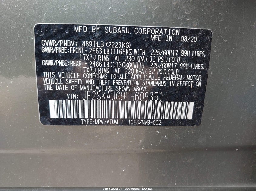 2020 Subaru Forester VIN JF2SKAJC9LH608351 IAAI salvage auction — FRONT & REAR, Original (Texas), sold $2,000 on 2026-08-01 (photo 9)