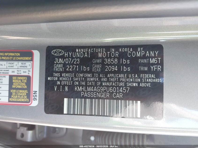 2023 Hyundai Elantra VIN KMHLM4AG9PU601457 IAAI salvage auction — FRONT END, Salvage Title, sold $4,150 on 2026-07-27 (photo 9)