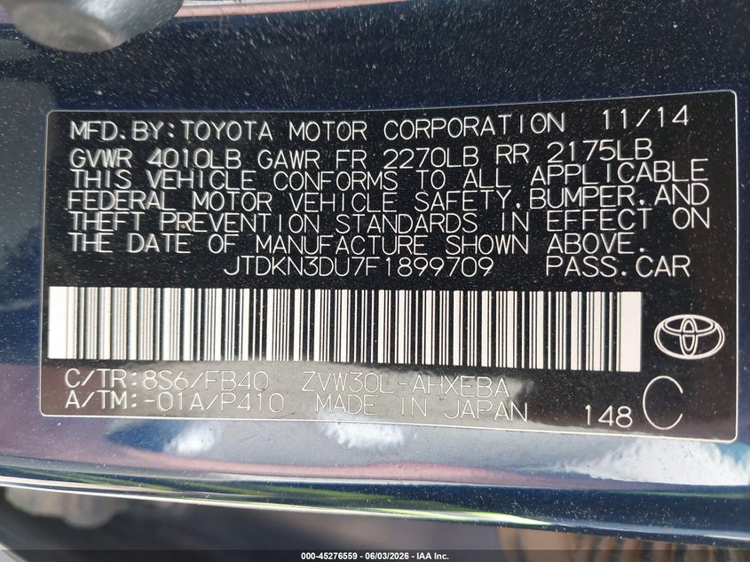 2015 Toyota Prius VIN JTDKN3DU7F1899709 IAAI salvage auction — FRONT END, Salvage Title, sold $250 on 2026-07-22 (photo 9)