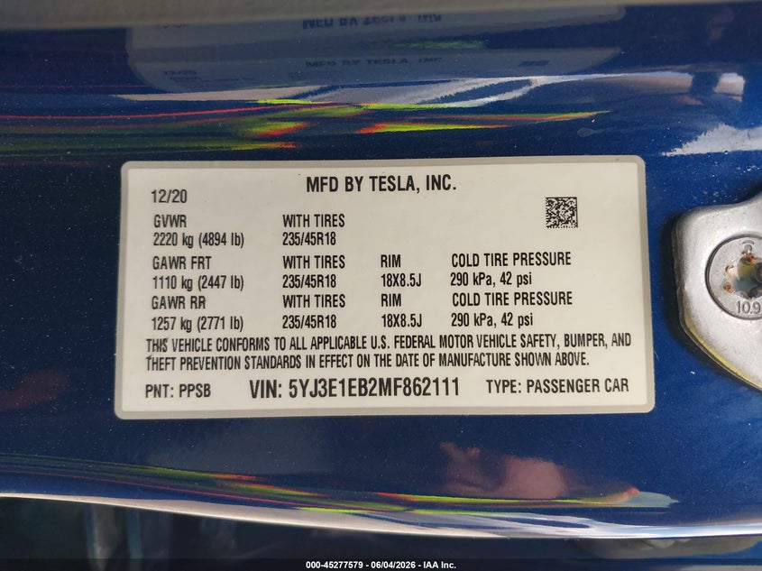 2021 Tesla Model 3 VIN 5YJ3E1EB2MF862111 IAAI salvage auction — FRONT END, Rebuildable (Florida), sold $7,300 on 2026-07-30 (photo 9)