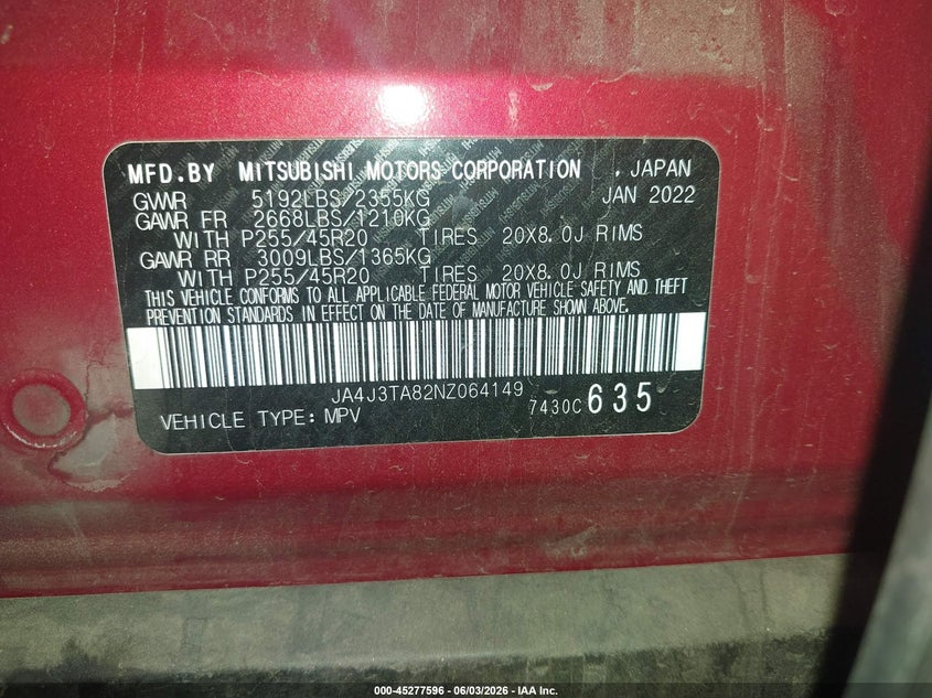 2022 Mitsubishi Outlander VIN JA4J3TA82NZ064149 IAAI salvage auction — FRONT END, Salvage Title, sold $4,500 on 2026-07-12 (photo 9)