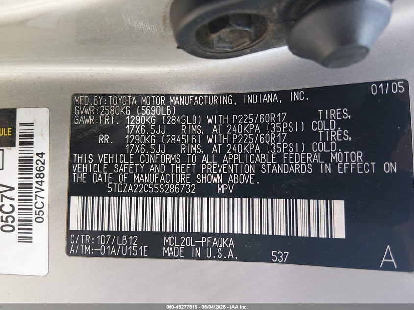 2005 Toyota Sienna VIN 5TDZA22C55S286732 IAAI salvage auction — NORMAL WEAR, Peddle Clear Public-Restricted (Oregon), sold $225 on 2026-07-20 (photo 9)