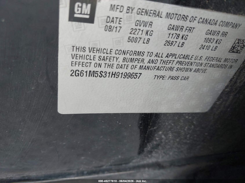 2017 Cadillac Xts VIN 2G61M5S31H9199657 IAAI salvage auction — RIGHT FRONT, Salvage Title, sold $1,500 on 2026-07-21 (photo 9)