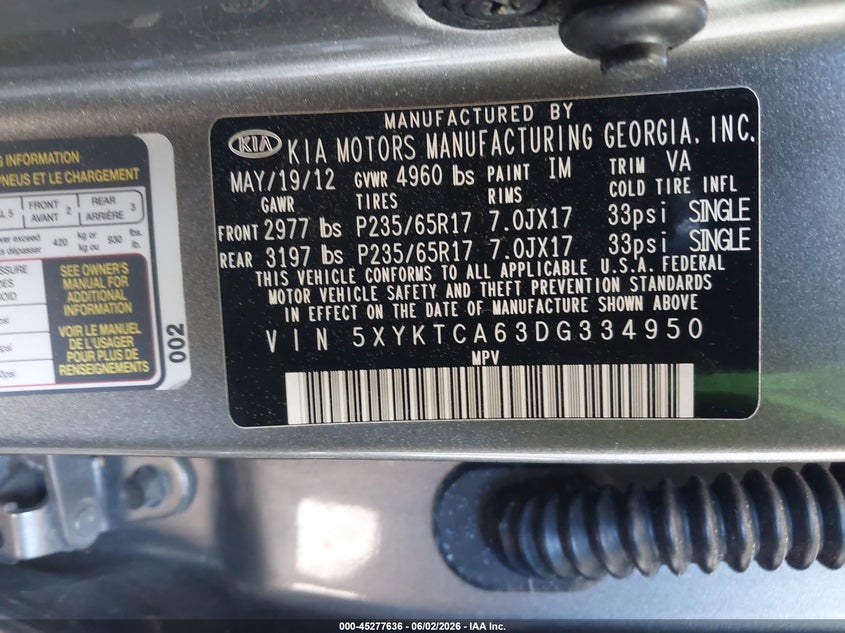 2013 Kia Sorento VIN 5XYKTCA63DG334950 IAAI salvage auction — FRONT END, Clear (Virginia), sold $750 on 2026-07-23 (photo 9)