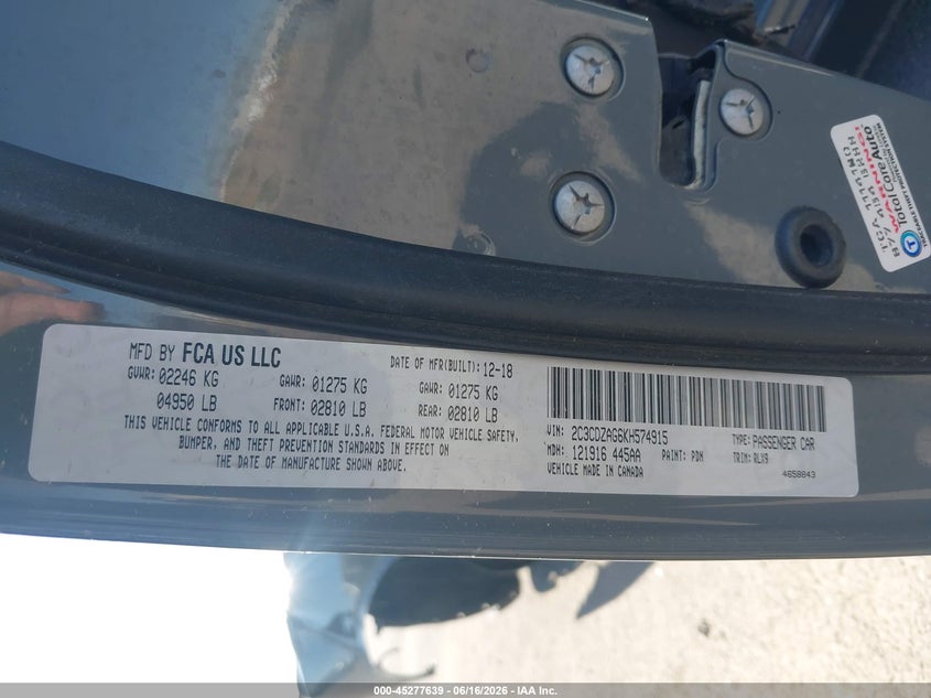 2019 Dodge Challenger VIN 2C3CDZAG6KH574915 IAAI salvage auction — EXTERIOR BURN, Non-Repairable (Arizona), sold $650 on 2026-07-09 (photo 9)