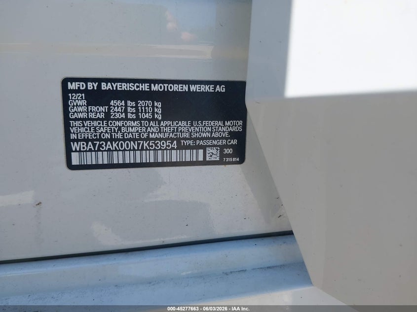 2022 BMW 2er VIN WBA73AK00N7K53954 IAAI salvage auction — REAR END, Salvage Title, sold $7,800 on 2026-07-24 (photo 9)