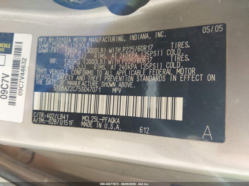 2005 Toyota Sienna VIN 5TDBA22C75S047071 IAAI salvage auction — NORMAL WEAR, Original (Texas), sold $25 on 2026-07-29 (photo 9)
