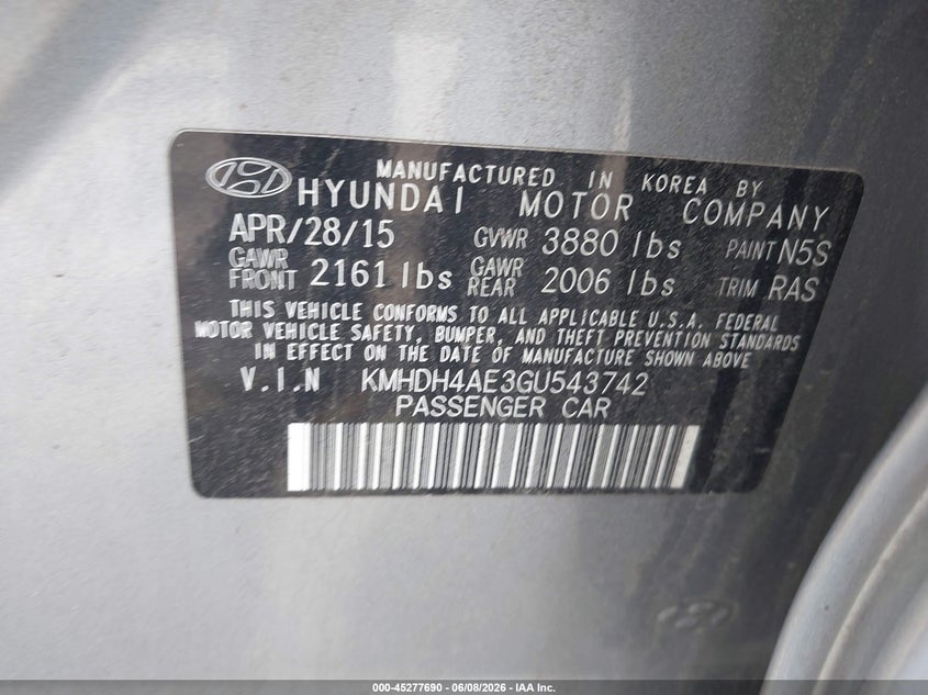 2016 Hyundai Elantra VIN KMHDH4AE3GU543742 IAAI salvage auction — NORMAL WEAR, Salvage Title, sold $250 on 2026-07-24 (photo 9)