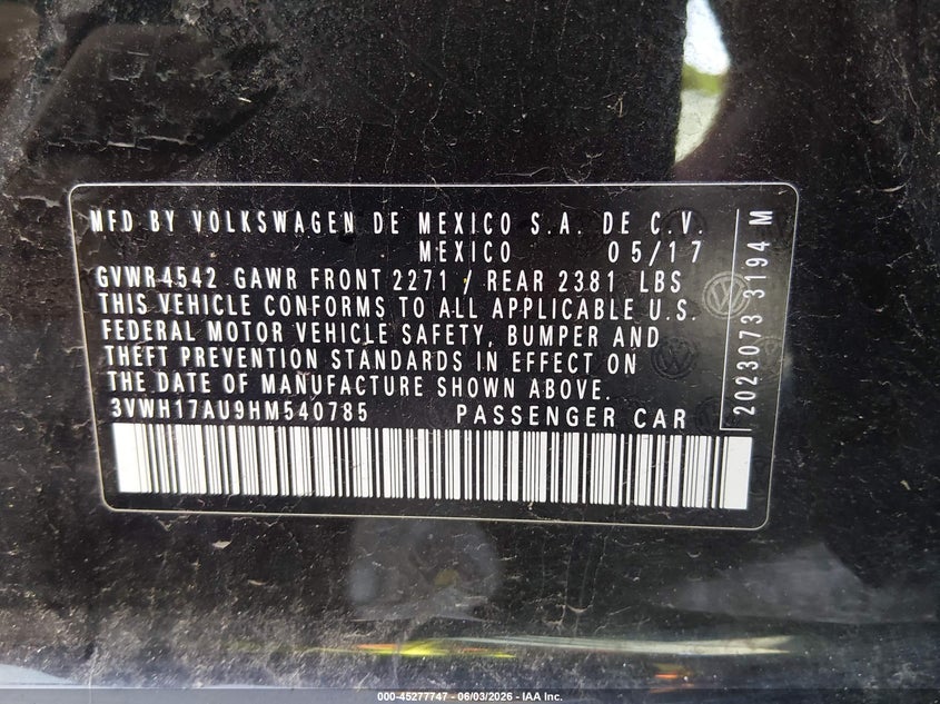 2017 Volkswagen Golf VIN 3VWH17AU9HM540785 IAAI salvage auction — FRONT END, Salvage (Kentucky), sold $175 on 2026-08-13 (photo 9)