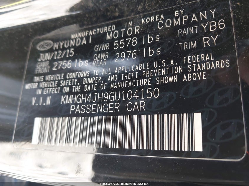 2016 Hyundai Equus VIN KMHGH4JH9GU104150 IAAI salvage auction — NORMAL WEAR, Clear (Virginia), sold $575 on 2026-07-13 (photo 9)