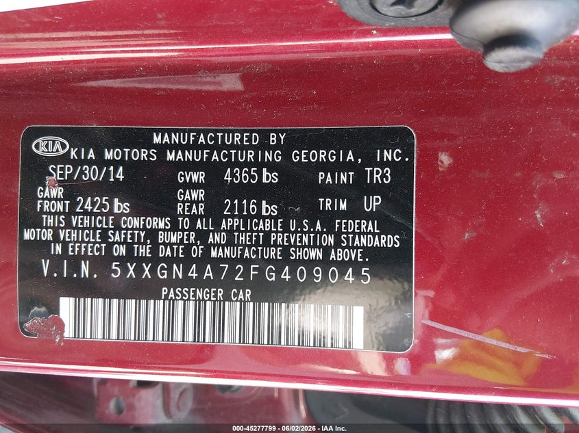 2015 Kia Optima VIN 5XXGN4A72FG409045 IAAI salvage auction — NORMAL WEAR, Clear (Delaware), sold $1,850 on 2026-07-13 (photo 9)