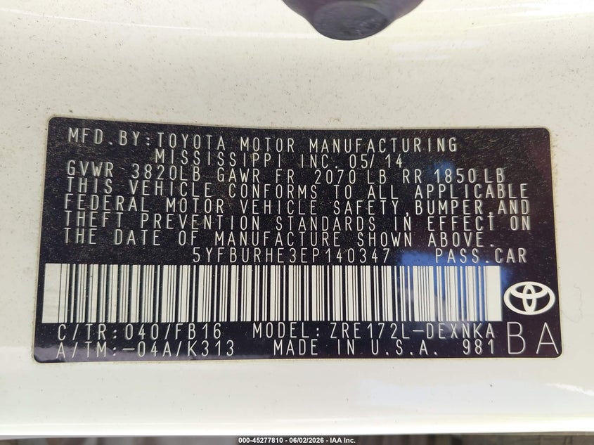 2014 Toyota Corolla VIN 5YFBURHE3EP140347 IAAI salvage auction — FRONT END, Salvage Title, sold $1,400 on 2026-07-08 (photo 9)
