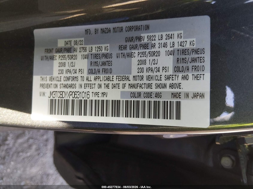 2023 Mazda Cx-9 VIN JM3TCBDYXP0631016 IAAI salvage auction — FRONT & REAR, Salvage Title, sold $4,500 on 2026-07-10 (photo 9)