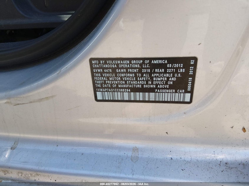2012 Volkswagen Passat VIN 1VWAP7A31CC065294 IAAI salvage auction — NORMAL WEAR, Clear (Rhode Island), sold $225 on 2026-07-10 (photo 9)